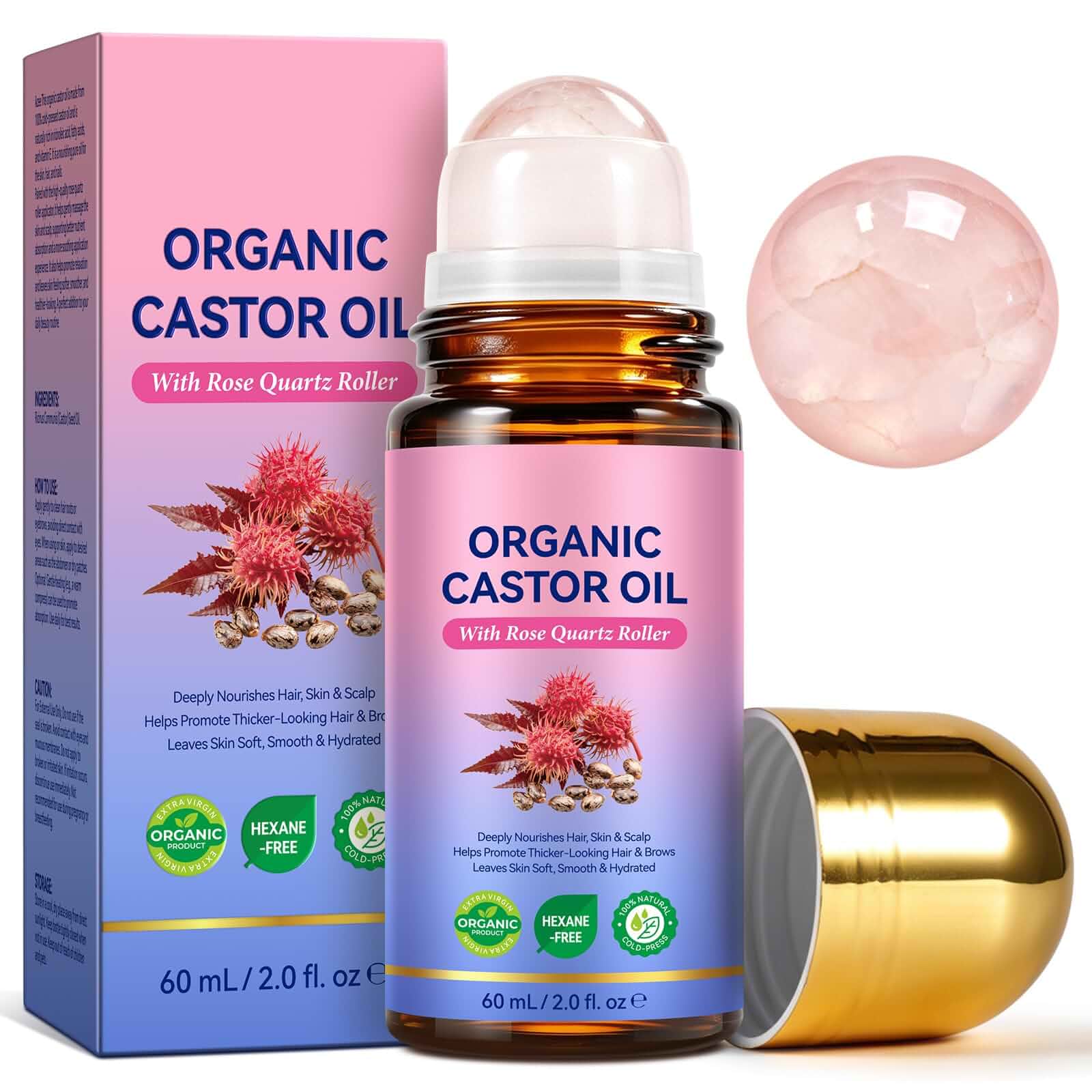 NIFEISHIOrganic Castor Oil with Rose Quartz Roller, 100% Pure Cold-Pressed Castor Oil Roll On for Belly, Face, Under Eyes, Body Skin and Hair, Hexane-Free, Deep Hydration Skin Moisturizer, 2fl.oz 2 Fl Oz (Pack of 1)