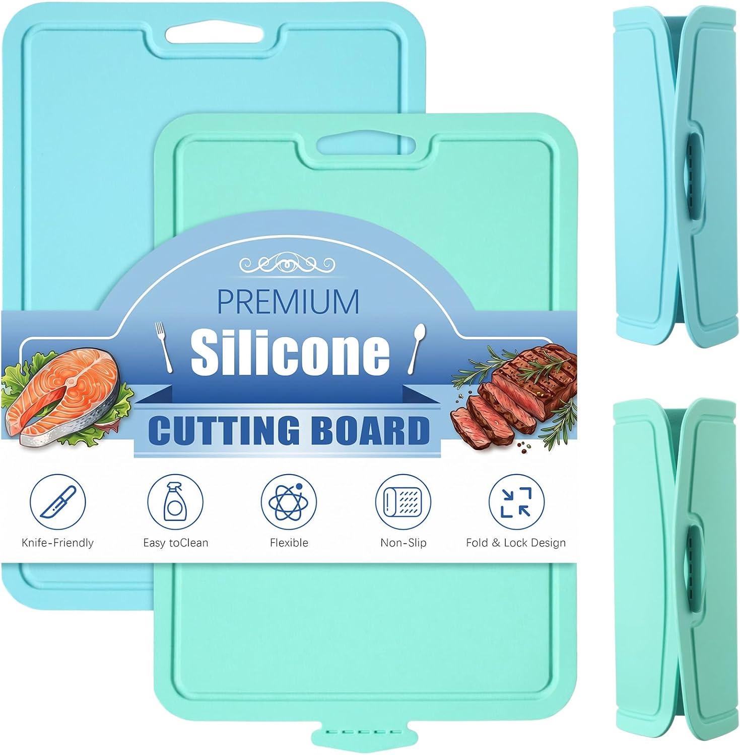 Blue and Green 2 Pcs 14.3'' x 9.8'' Extra Large Thick Silicone Cutting Boards for Kitchen Flexible Cutting Chopping Boards Knife-friendly Non-slip Deep Drip Groove Grip Handle Dishwasher
