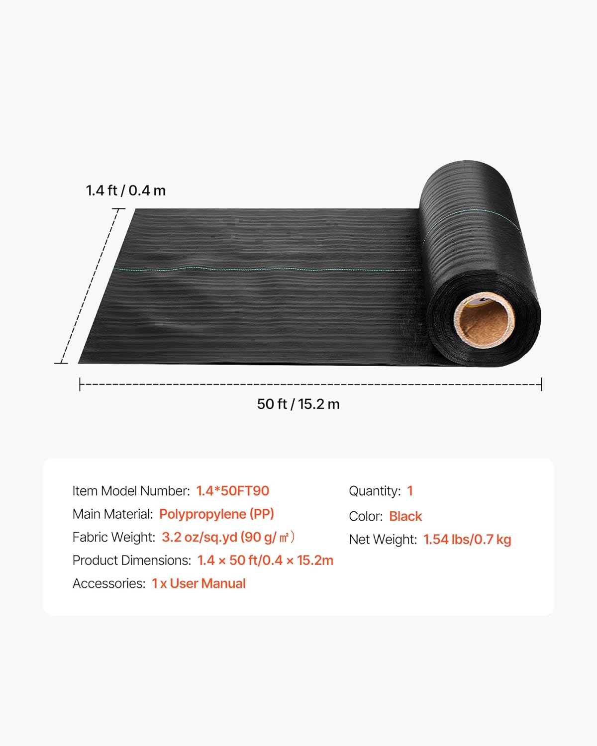 VEVOR Weed Barrier Fabric Heavy Duty, 1.4x50FT 3.2oz Landscape Fabric, Woven Weed Blocker Fabrics, Garden Fabrics Weeds Barrier, Weeds Control Ground Cover, Geotextile Webbing, Gardening Mat, Black