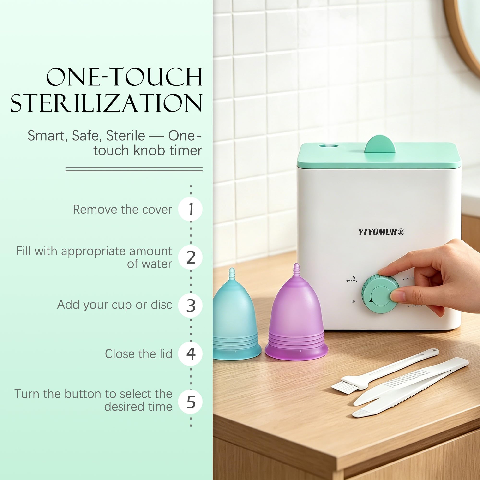 Esterilizador de copas menstruales con 2 copas menstruales reutilizables, kit de limpieza y lavado de copas menstruales, esterilización a vapor a alta temperatura con apagado automático para mujeres