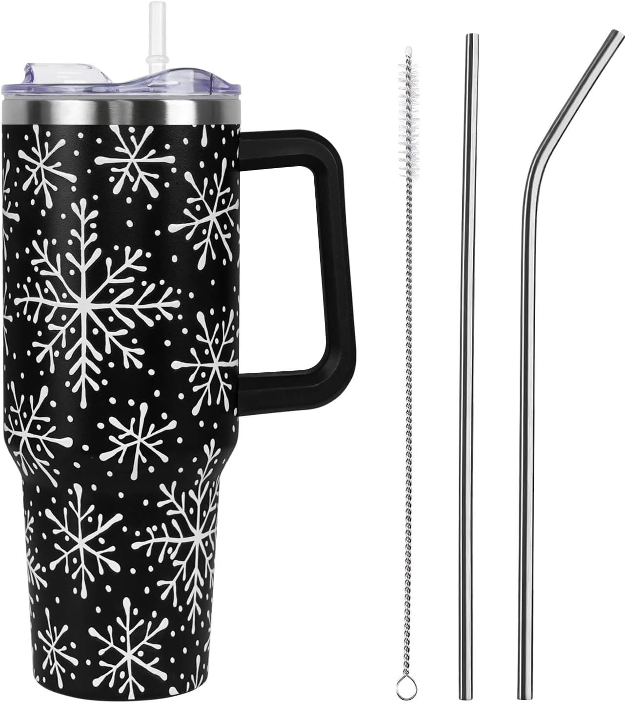 Christmas Tumbler with Handle and Straw Lid 40 oz,5D Cute Christmas Gifts for Women Black Snowflakes Vacuum Insulated Leak Proof Tumbler,Winter Holiday Accessories Stainless Steel Coffee Cup Mug