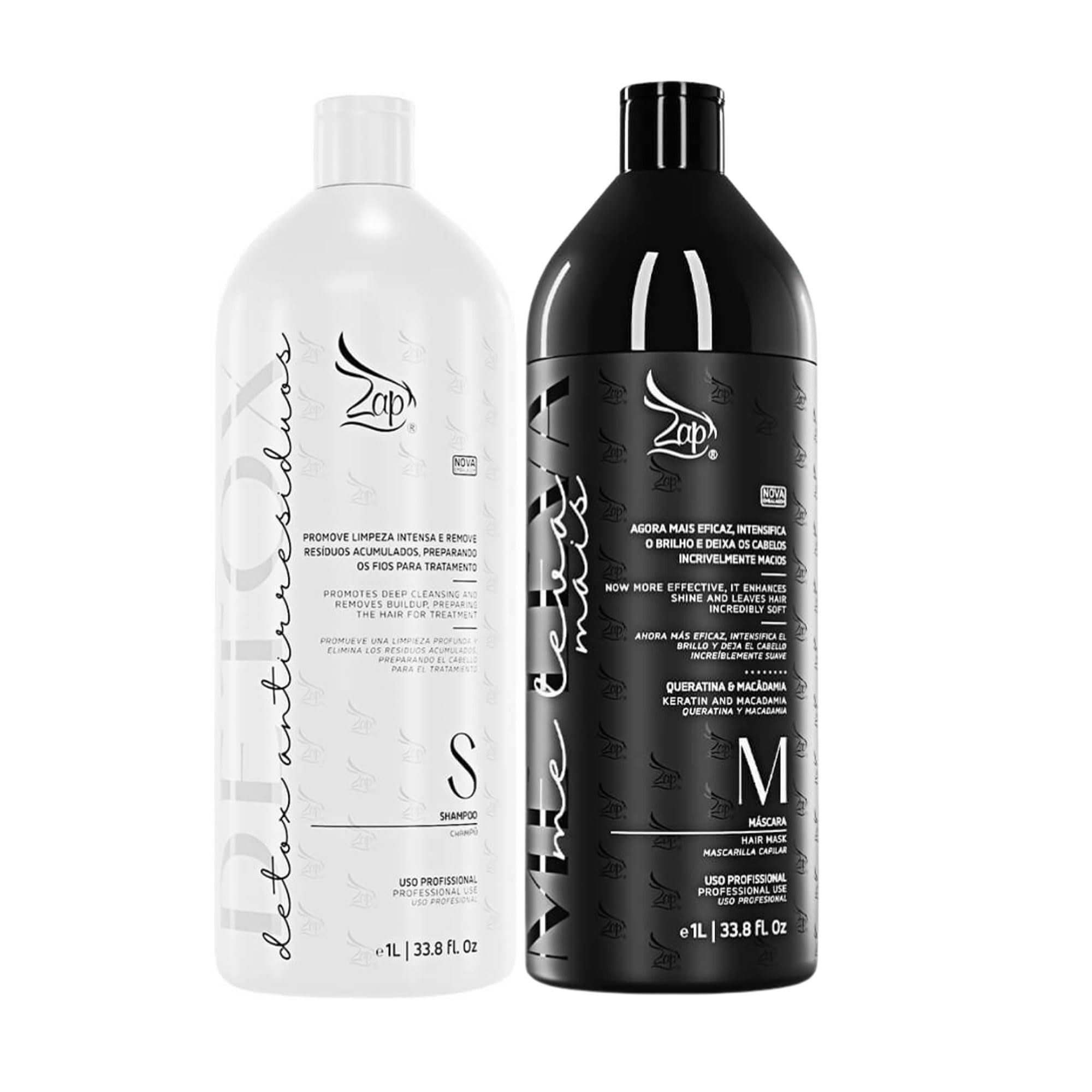 Zap Cosmetics | Kit Me Leva Black & Detox | Tratamiento brasileño de queratina | (2 piezas) 1000 ml
