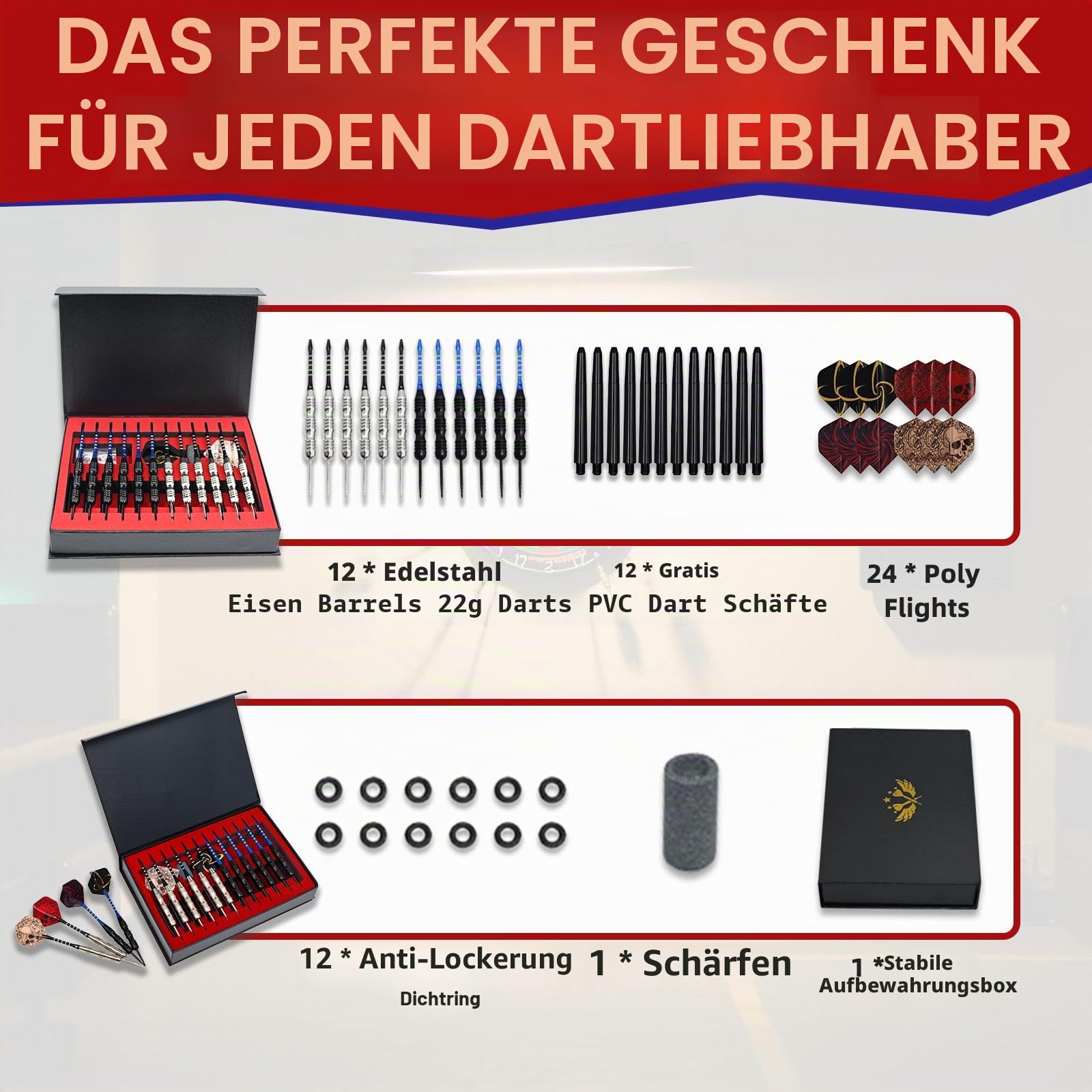 Dartpfeile mit Metallspitze, 12 Stück Profi Steeldarts, Steel Darts Set mit Schaft und Flights,für Anfänger Und Hobbyisten
