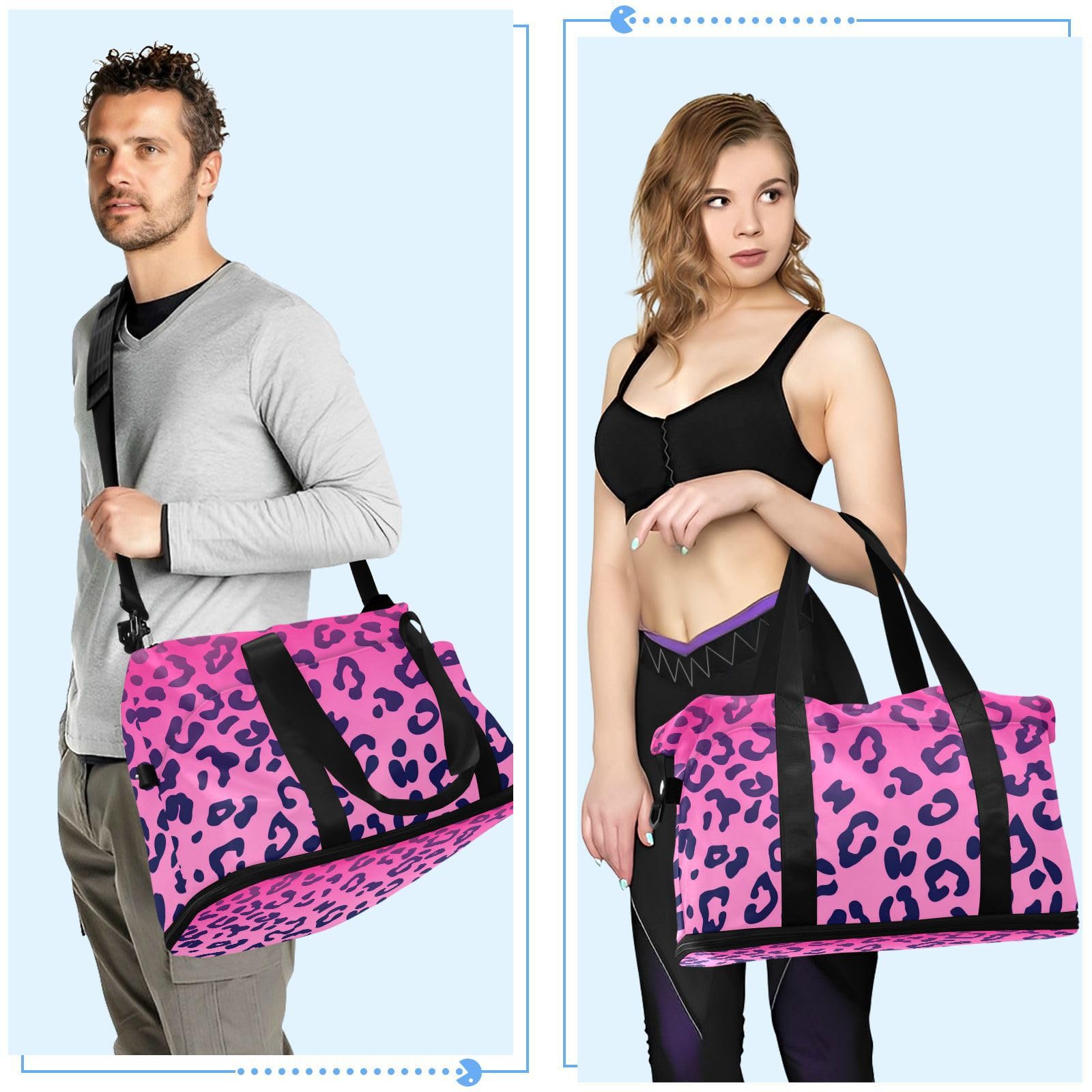 Bolsa de mano con estampado de leopardo rosa rosa con bolsillo para mojado y correa ajustable, bolsa de entrenamiento para yoga, impermeable, para hombres y mujeres