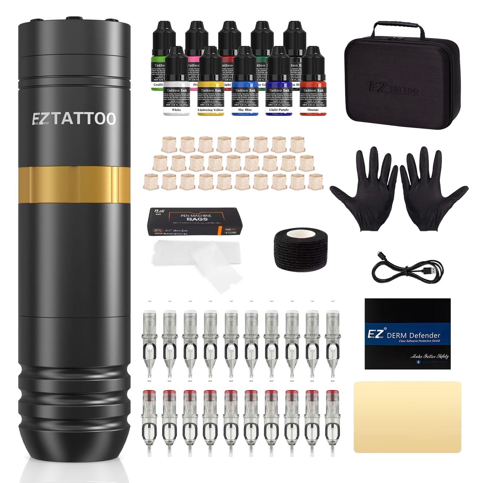 EZ Kit de Máquina de Tatuar - Kit de Tatuaje con Rotulador para Máquina de Tatuar, Batería de 1500 mAh Fuente de Alimentación, 20Pzs Agujas de Tatuaje Surtido para Tatuadores (Caster Dorado)
