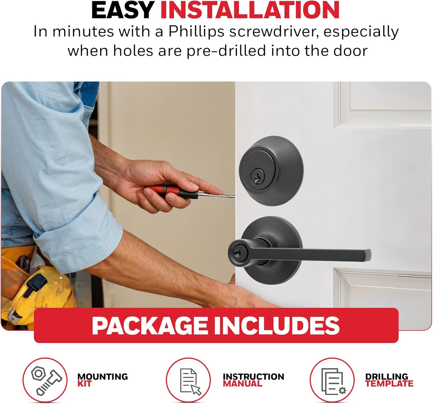 Honeywell Safes & Door Locks Interior Door Handle – Lever Door Handle and Deadbolt Combo, Matte Black Finish, Easy-to-Install Door Handles for Home & Office - 8108632