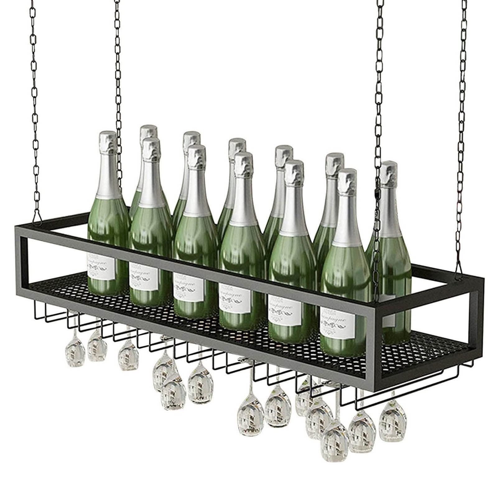 Casier à vin plafond avec porte-verre suspendu en chaîne de fer noir réglable