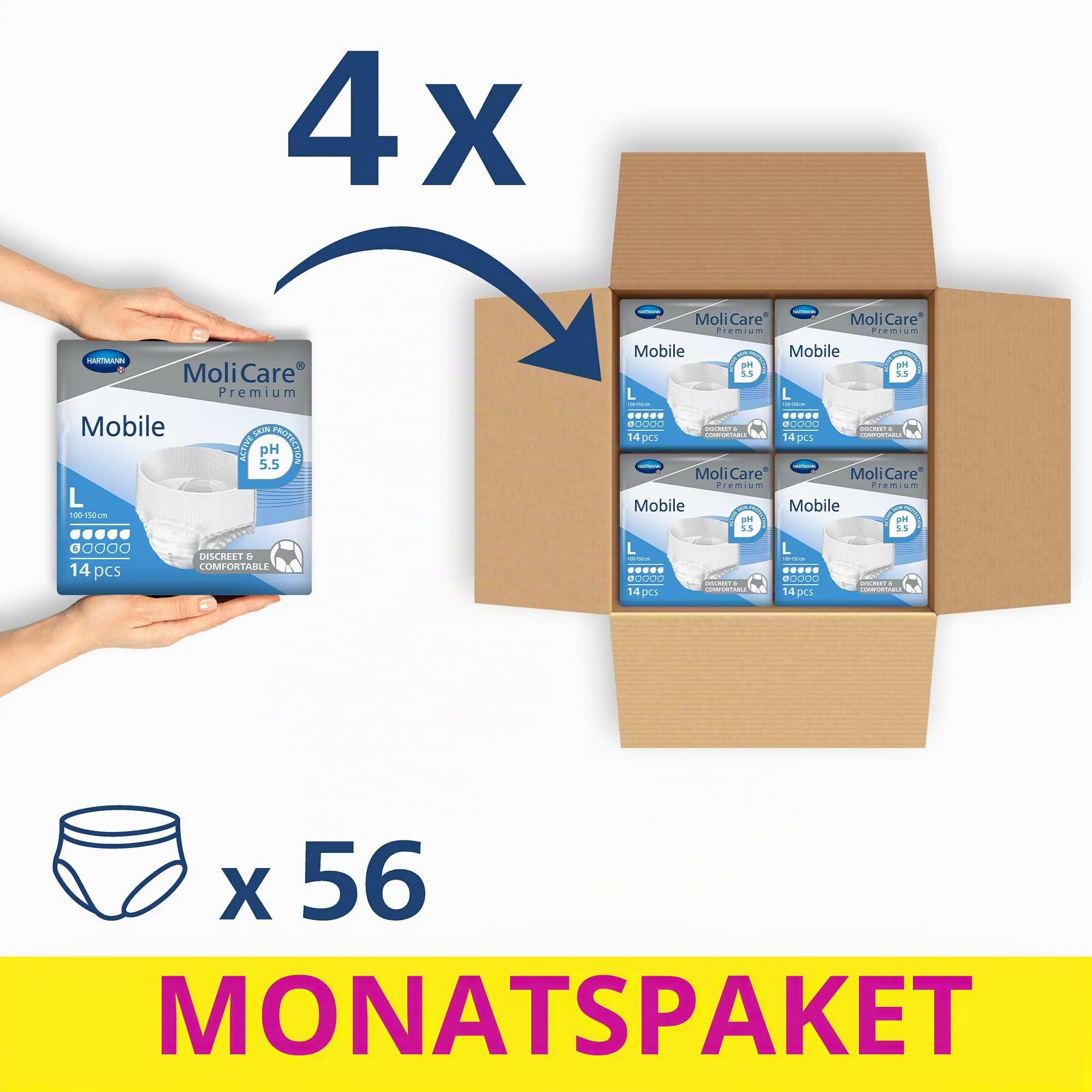 MoliCare Premium Mobile Einweg-Inkontinenzhosen: für Damen und Herren mit Inkontinenz; 6 Tropfen, Größe L, 4 Packungen mit je 14 Paar (56 Stück)