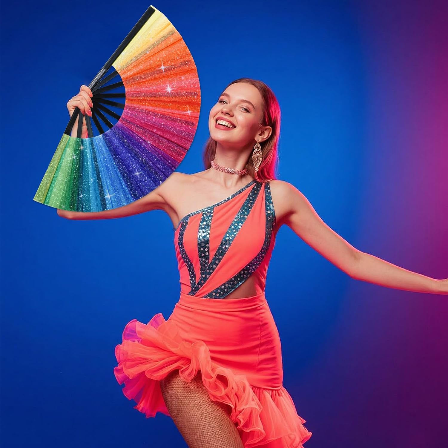 Rainbow Rave Folding Hand Fan, Large Line Dance Popping Fan, Festival Clacking Fan with Fabric Case, Perfect for Dance, Performance, Wedding, Party Decoration, Gift