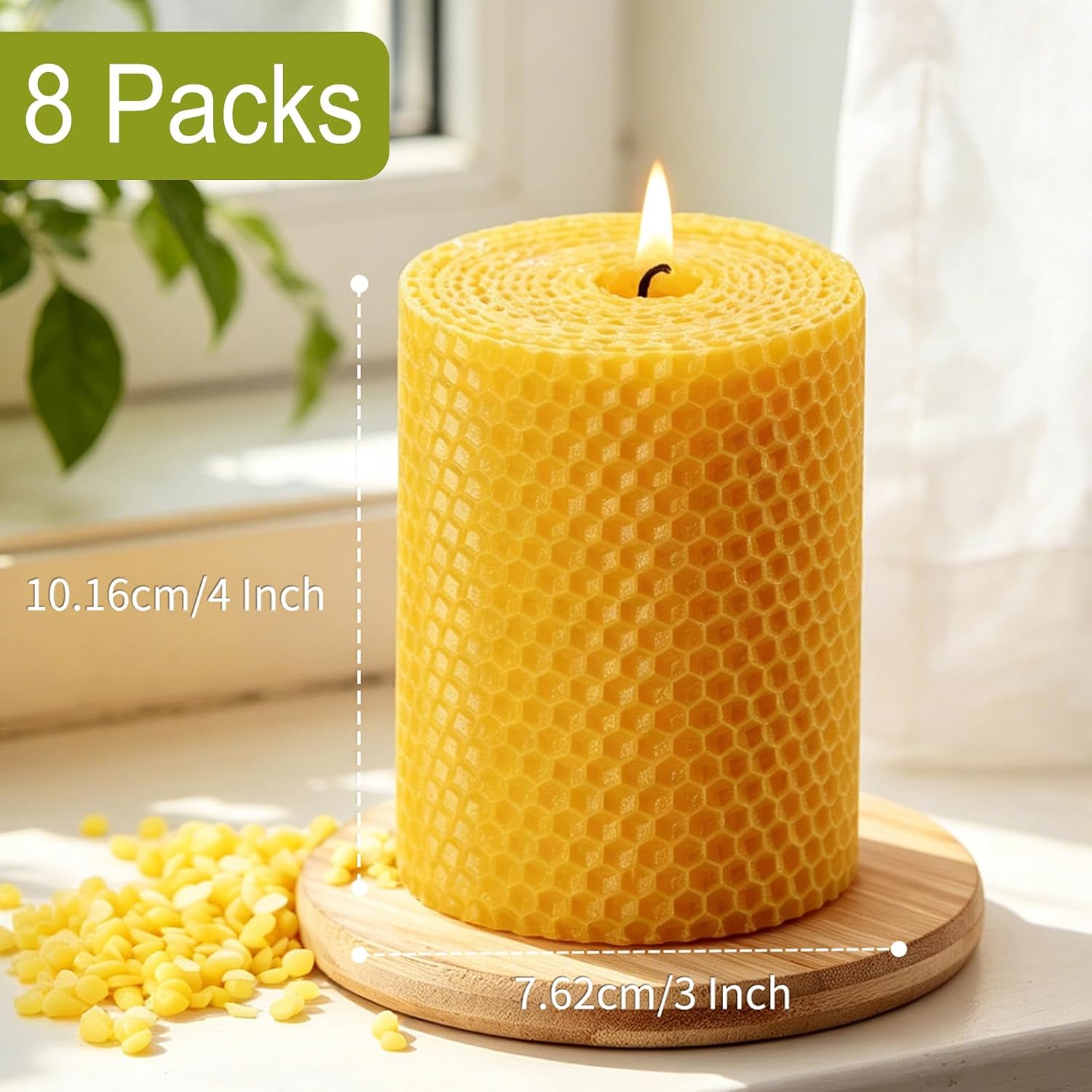8 Packs 3x4 Inch Natural Beeswax Candles, Hand Rolled Beeswax Pillar Candles, 35 Hours Burn Time, Pure Bees Wax Candle Handmade Gift for Medication, Home Decor, Air Purify