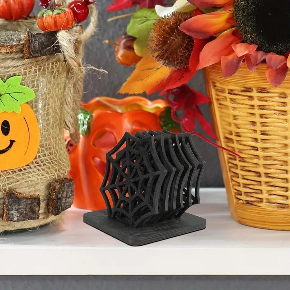 Wooden Spider Coaster 6pcs/Set Black Spider Web Placemats Heat Insulation Coaster Halloween Placemats with Base Home Decoration