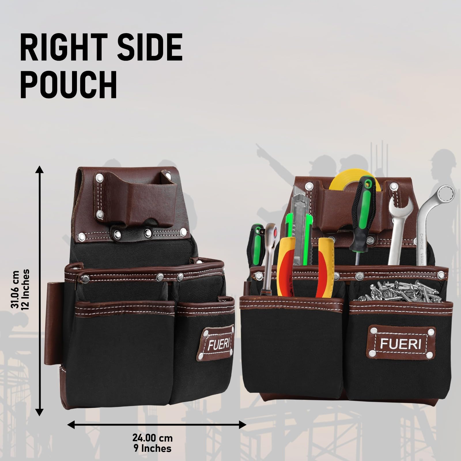FUERI Cintura porta attrezzi da uomo in nylon e pelle, resistente, set con 2 sacchetti, supporto per pinze, cintura imbottita in schiuma e passanti per carpentieri, falegnami, elettricisti e strumenti