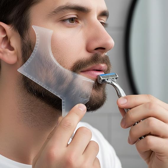 Beard Shaping Tool for Men,Transparent Beard Styling Template with Comb,Plastic Barber Shaper Guide for Symmetric Line Up, Edging & Trimming