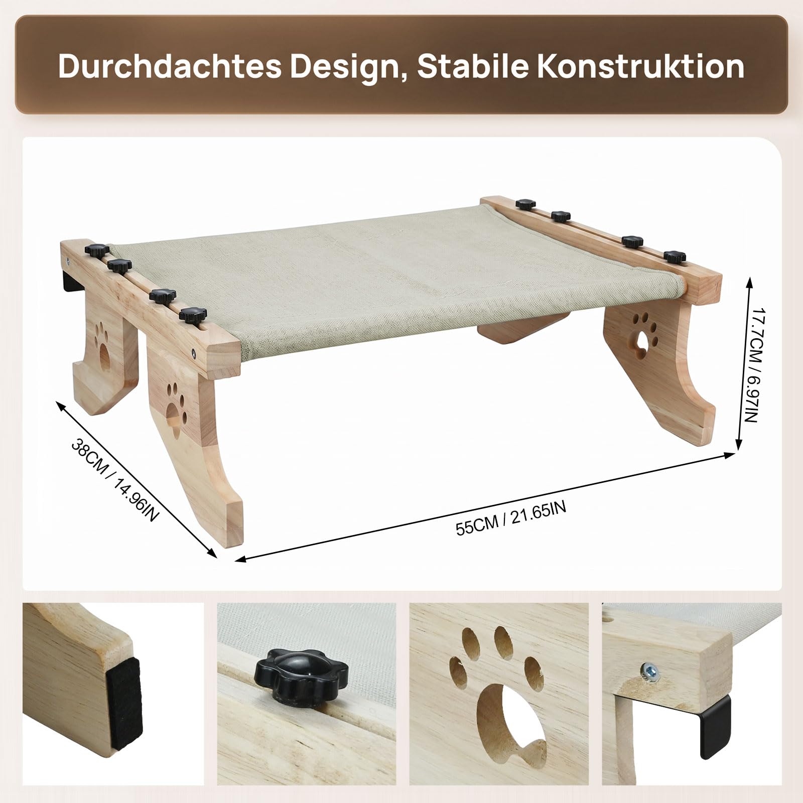 Fensterliege für Katzen – Hängende Katzenliege mit Klettverschluss, Größe 55 x 38 cm, Robuste Holzhängematte für Heizkörper und Fensterbank, verstellbar zum Aufhängen und Aufstellen auf dem Boden