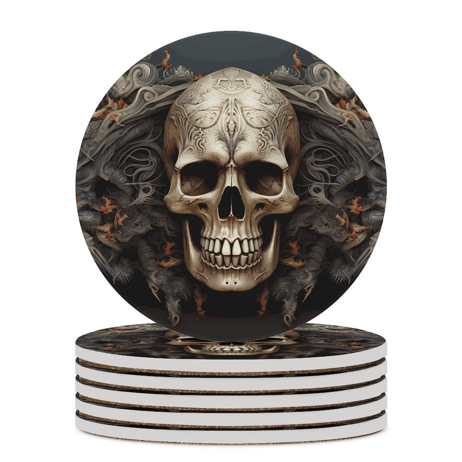 Skulls Coaster with Cork Base Drink Coasters for Coffee Table Decor Modern Cup Coasters with Non-Slip & Heat-Resistant Cute Ceramic Table Coaster for Home Dining