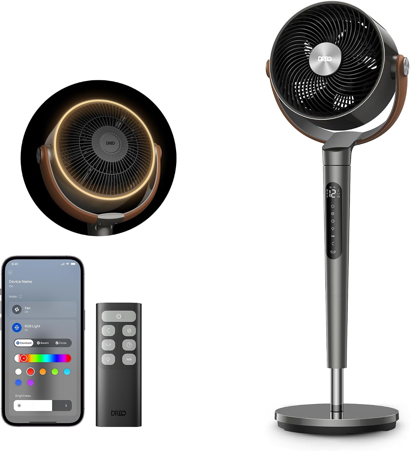 DREO Smart Fan for Bedroom with RGB LED, 150°+120° Omni-Directional Oscillating, Quiet 20dB Fan, 100ft Air Circulator Pedestal Fan with DC Motor, 12 Speeds, 6 Modes, 37-42" Height, Wi-Fi/Voice/Alexa