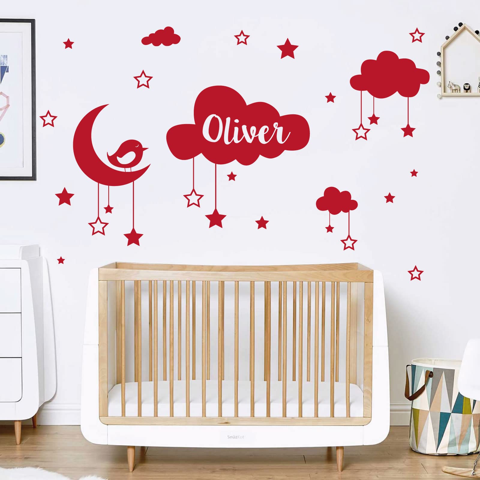 Personalised Name Baby Wall Sticker - Clouds, Stars, Moon & Bird [Large] [Cherry]