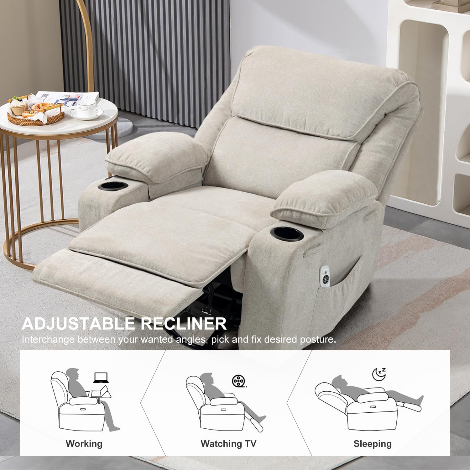 Rocker Recliner Chair with Massage and Heated, 360°Swivel Rocking Manual Recliner Chairs with Cup Holders Remote Control for Living Room (Gray Oatmeal)