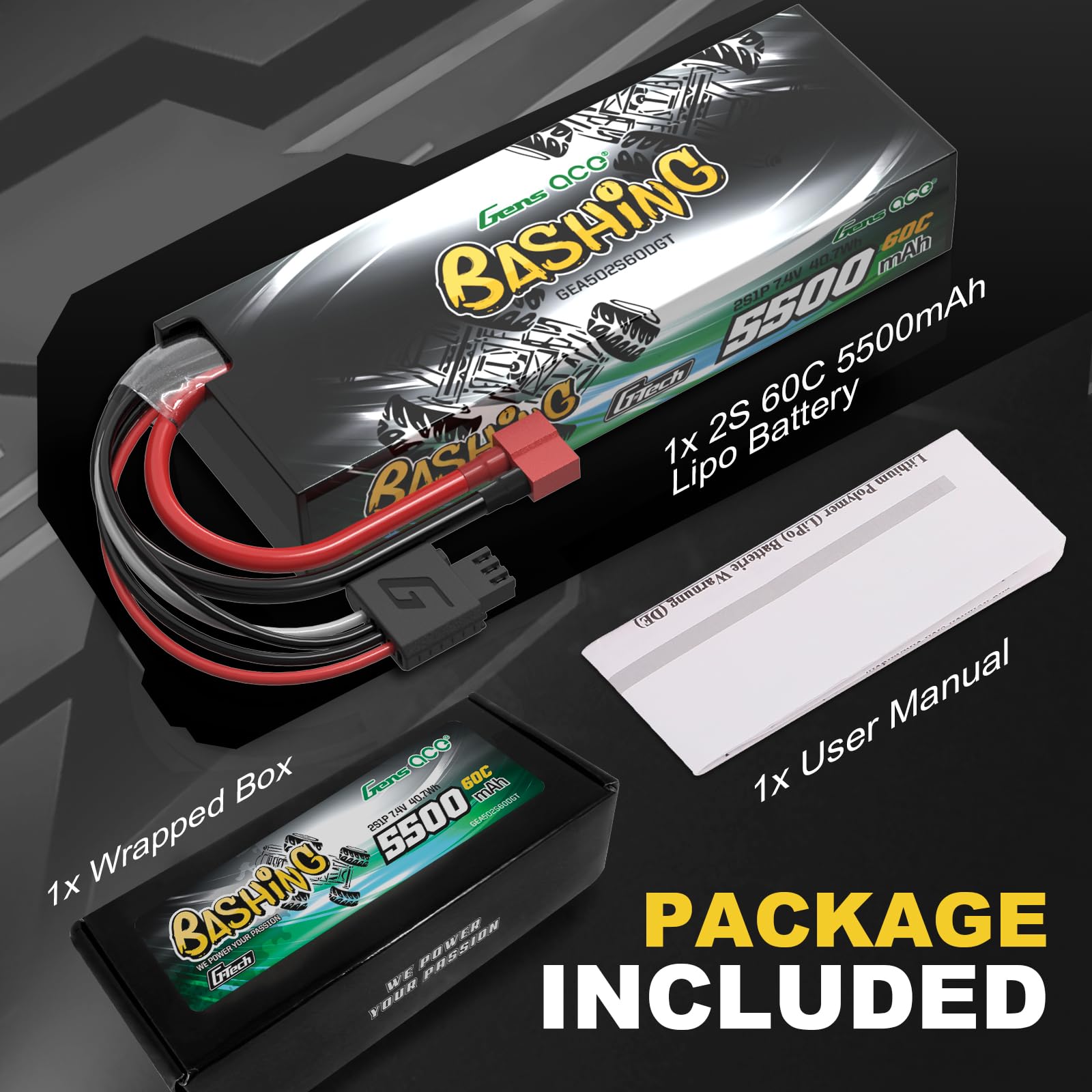 Gens ace 2S bateria Lipo 5000mAh 7.4V 60C bateria z wtyczką T Deans Connection Dla większości samochodów RC w skali 1/7 1/8 1/10