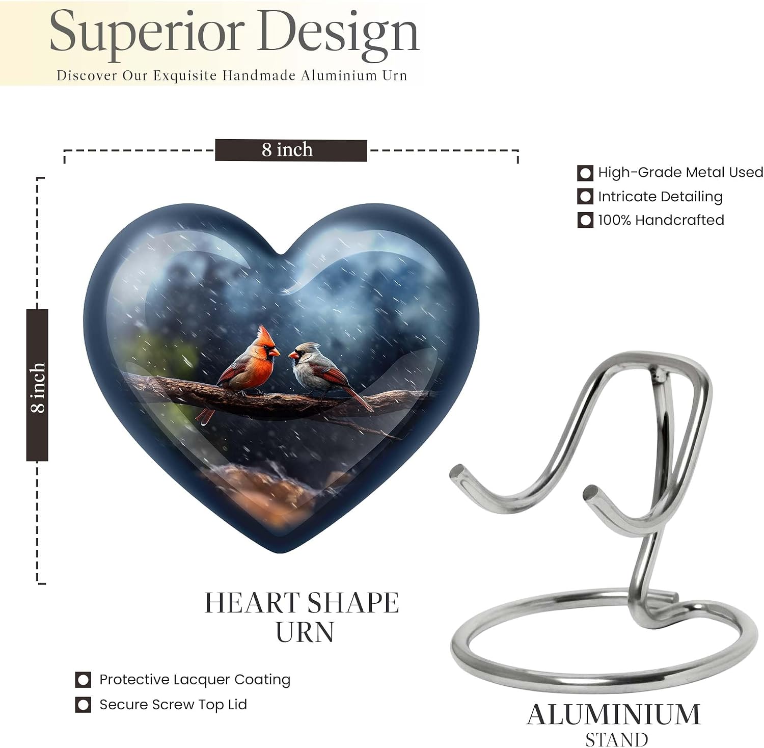 SUBSHCardinal Bird Heart Urn, Pack of 5 (10 Inch with 3 Inch Set of 4), Blue Decorative Keepsake for Ashes, Pet Dogs, Small Human