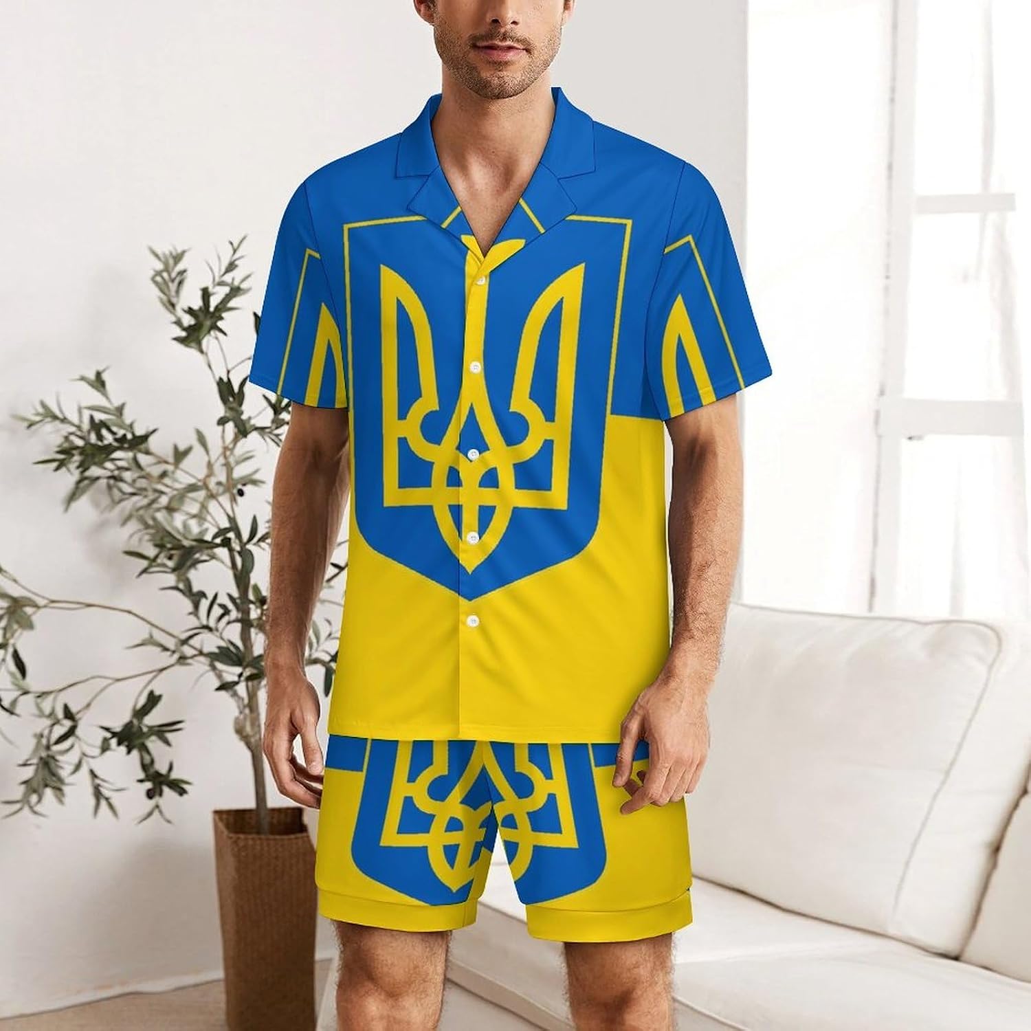 Ukraine Flag National Emblem Men's Short Sleeve Pajama Set Satin Silk Like Lounge Sleepwear