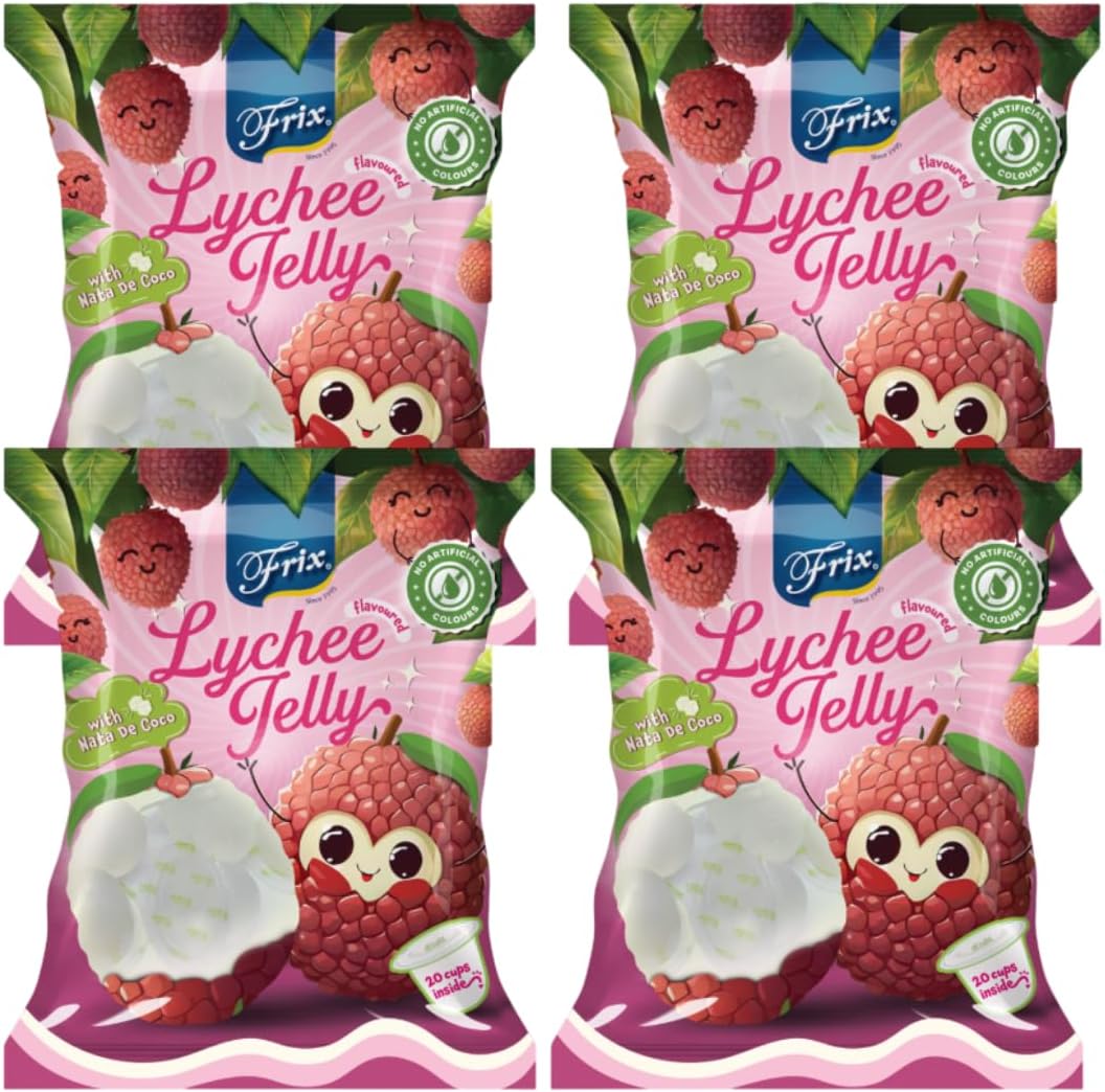 Frix Lychee Flavored Jelly with Nata De Coco I Jelly Added Mixed Fruit I Fruit Jelly I Chewy Jelly (300g x 4 Packs)