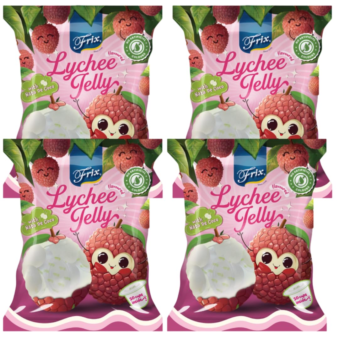Frix Lychee Flavored Jelly with Nata De Coco I Jelly Added Mixed Fruit I Fruit Jelly I Chewy Jelly (300g x 4 Packs)