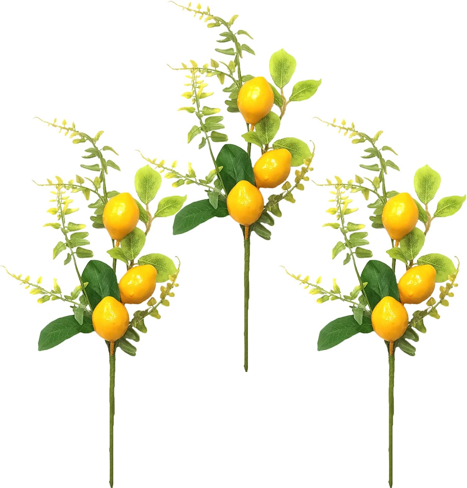 Asodomo 3 Pcs 17 Inch Artificial Lemon Branches Yellow Lemon Decor Faux Fake Fruit Lemon Stems Picks for Vase Kitchen Party Farmhouse Table Centerpiece Home Decoration