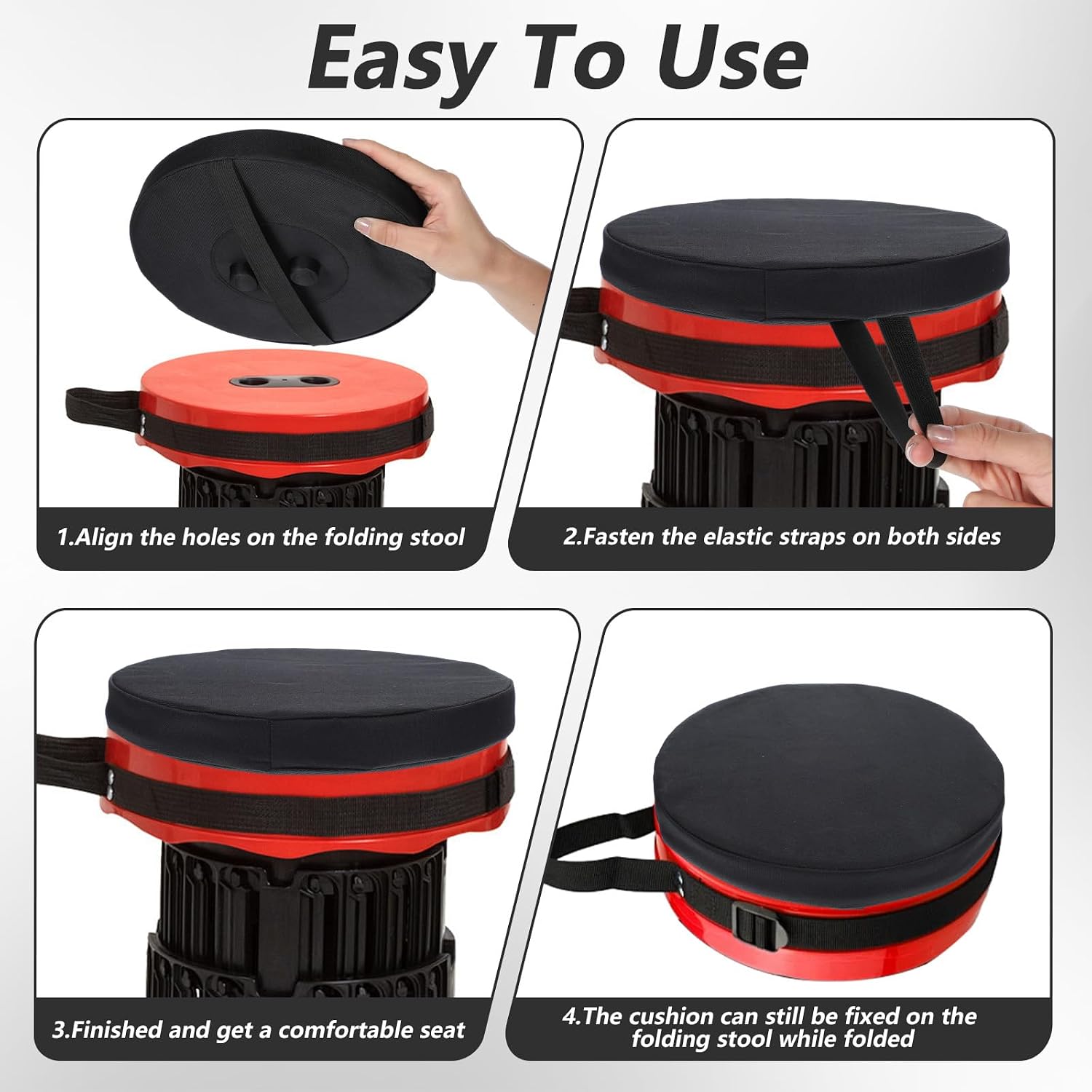 2 Pack Collapsible Stool Cushion Thickened Memory Foam Seat Cushion for Telescopic Stools, Waterproof Oxford with Elastic Straps, Portable for Camping, Fishing, Picnics (Black, 10" x 10" x 1.2")