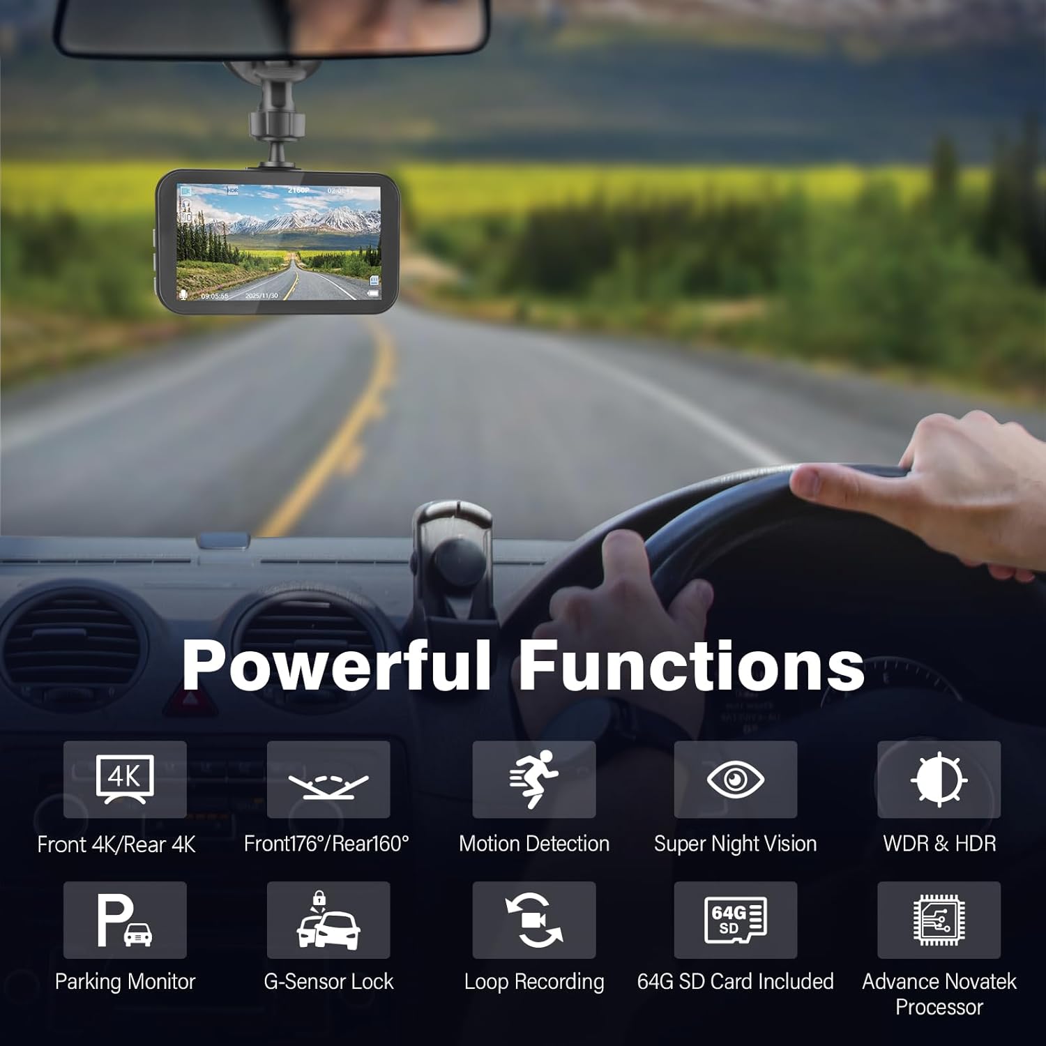 Dual 4K Dash Cam Front and Rear - Free 64G SD Card, 2160P+2160P UHD Dash Camera for Cars, Dashcam with 176°+160° Wide Angle, 3.5'' IPS Screen Dashcam, G-Sensor, WDR, Night Vision, 24H Parking Monitor - Image 2