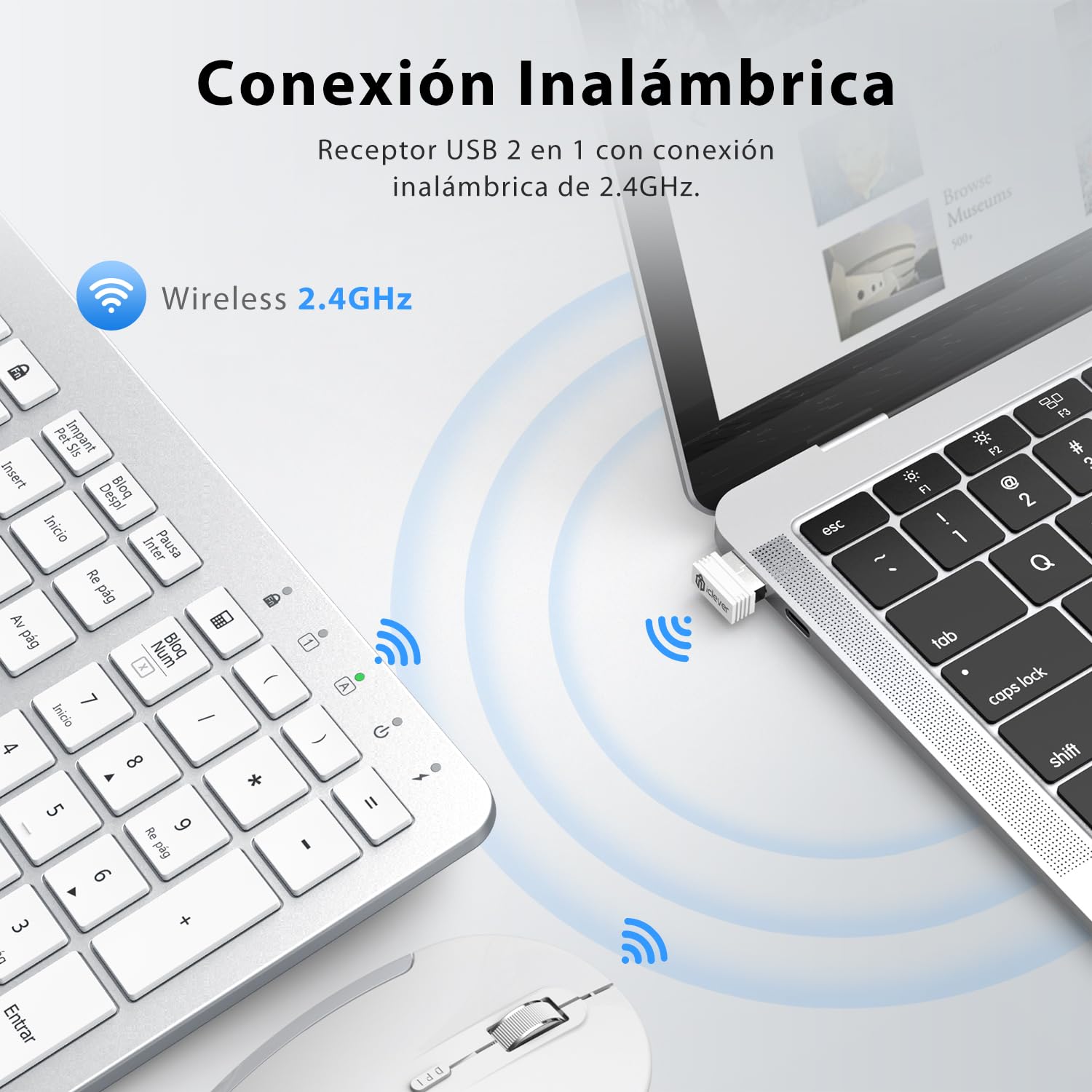 iClever Teclado y Ratón Inalámbrico GK08 Recargable Teclado Ergonómico Silencioso Diseño de Tamaño Completo con Teclado Numérico 2.4G Conexión Estable Teclado y Ratón Mac Delgado para Windows/Mac