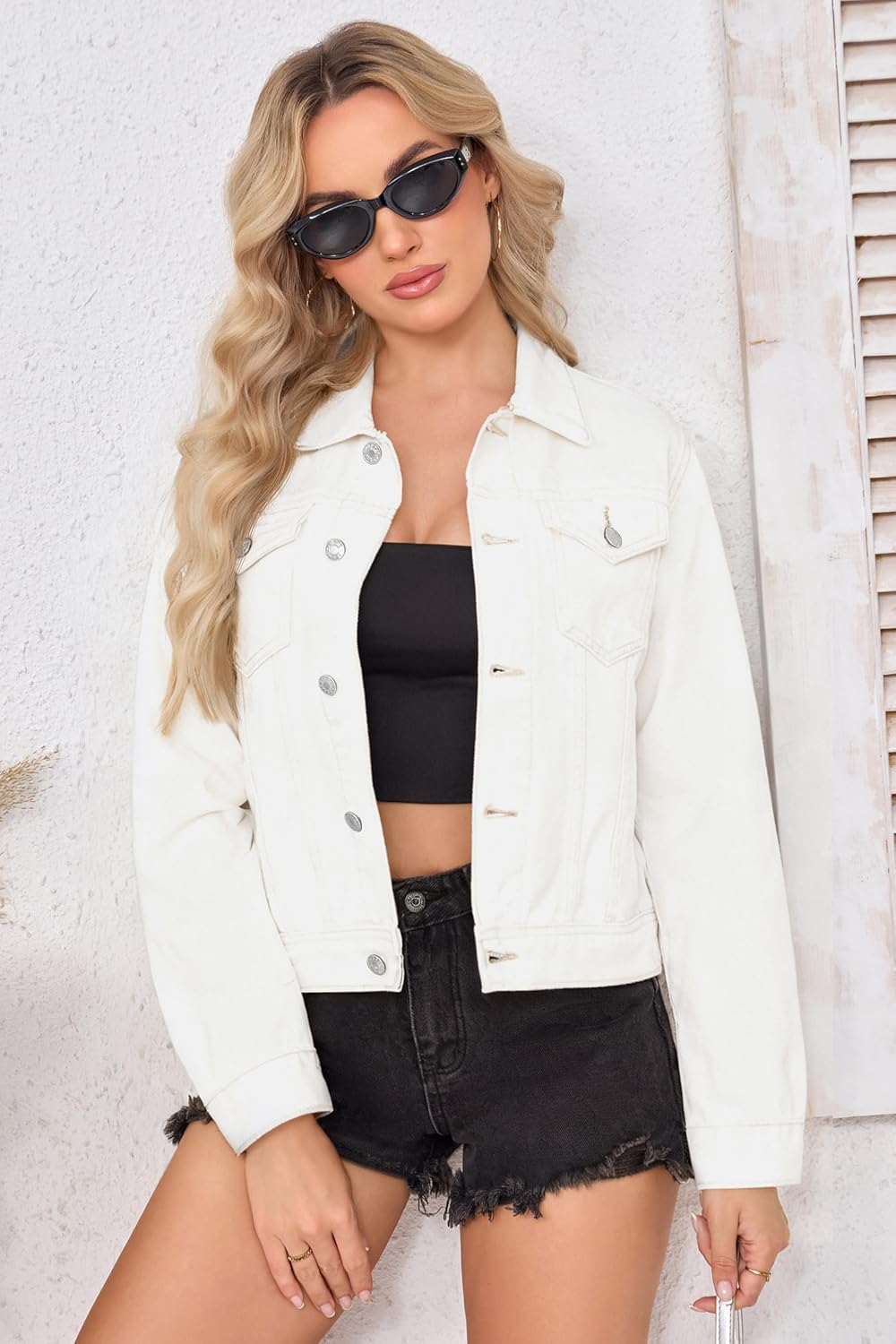 HOCAIES Women Basic Button-Up Washed Denim Jacket Classic Outerwear Trucker Jean Coat - Image 4