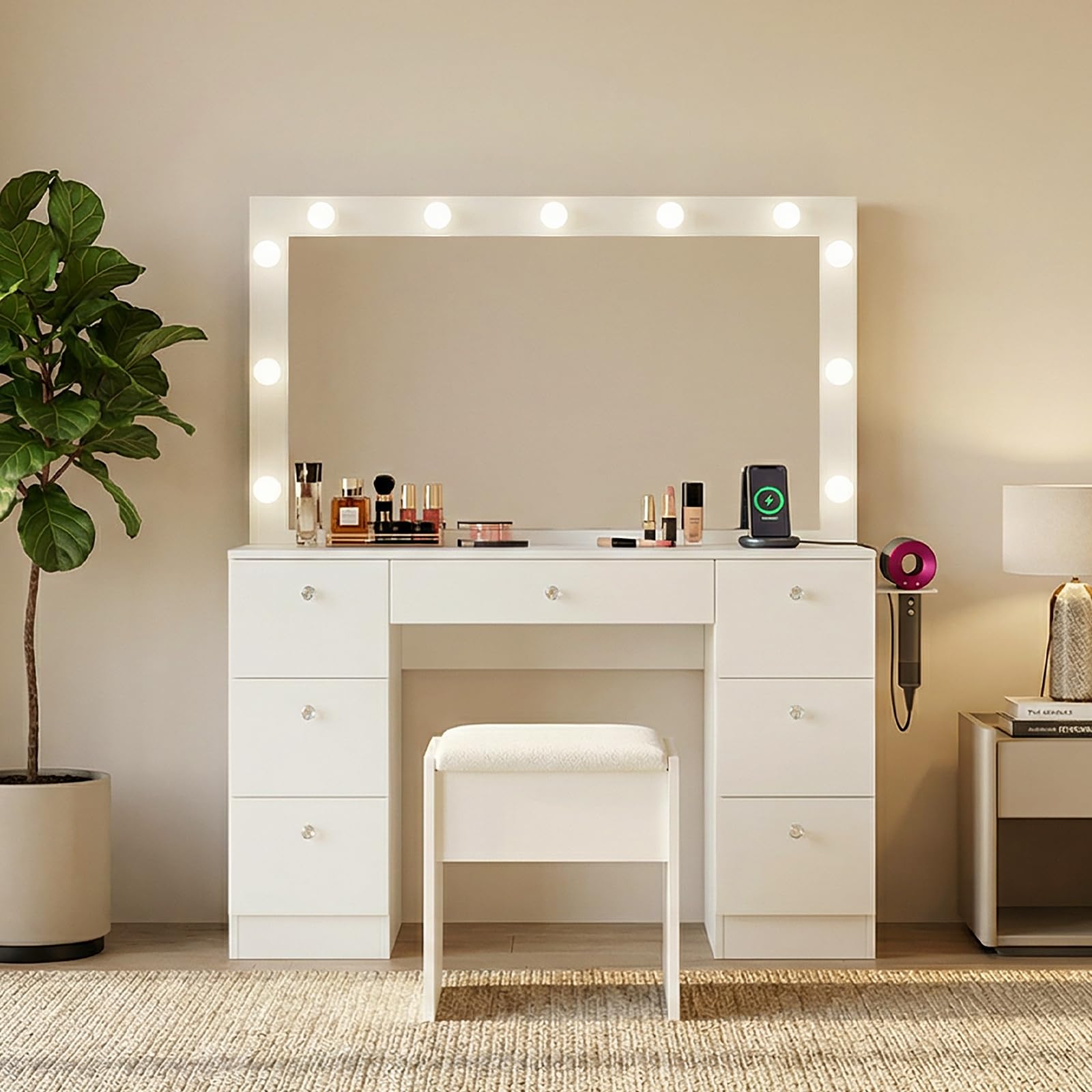 SweetGO 46" Vanity with Lighted Mirror, Glass Top Makeup Vanity Desk with LED Lights, 3 Color Modes, Charging Station, 7 Drawers Vanity Table Set with Stool for Bedroom, White