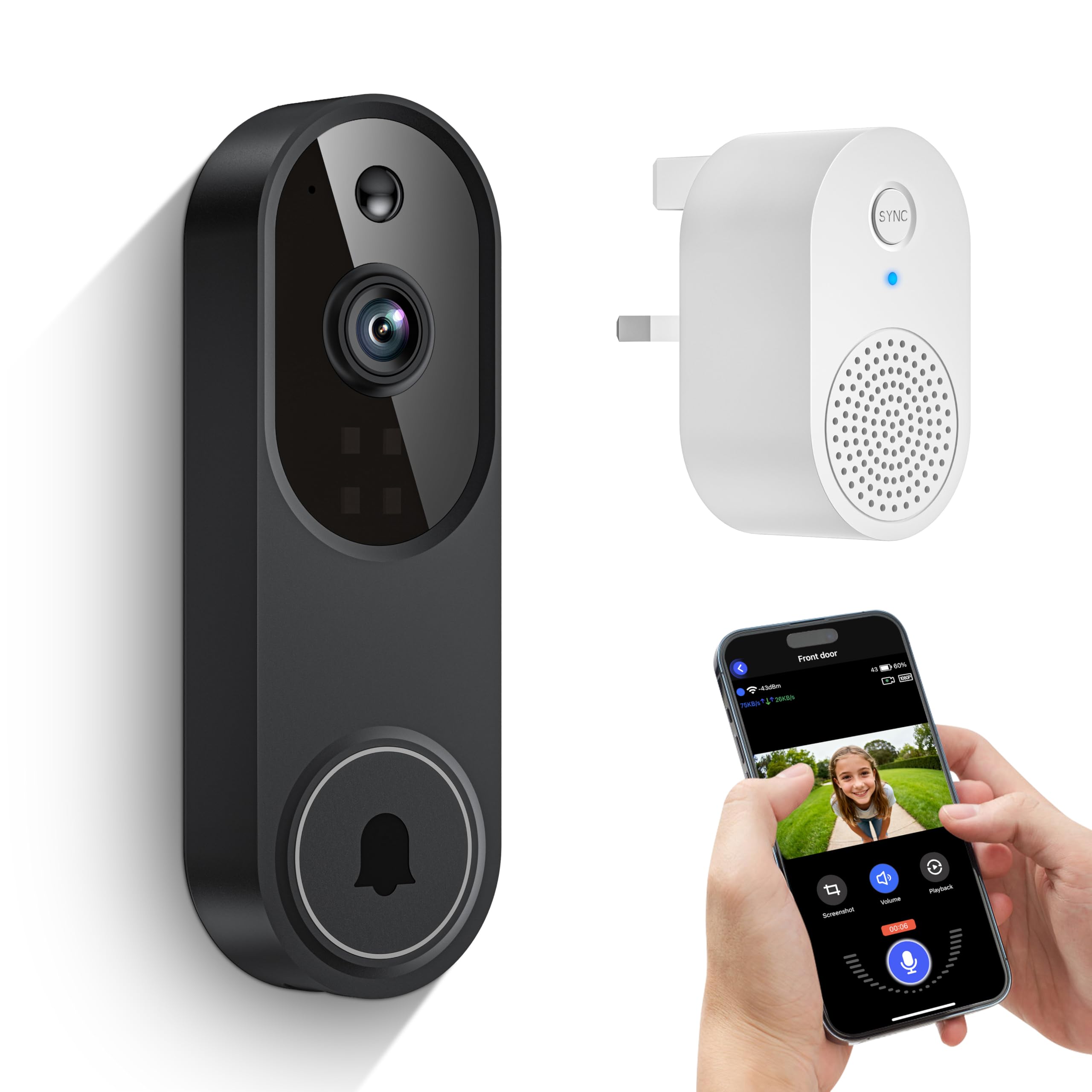 Sonnette vidéo sans fil Wi-Fi avec vision nocturne et détection de mouvement AI