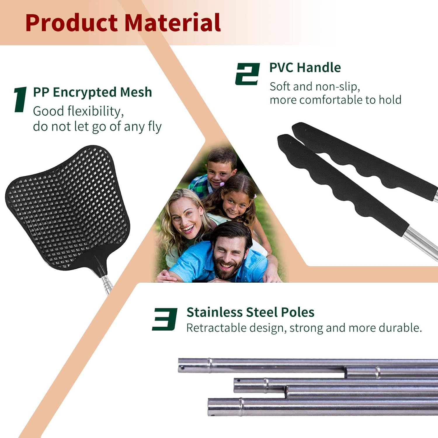 Fly Swatters 2 Pack, Durable Telescopic Stainless Steel Handle, Heavy Duty Black Bug Zapper Racket, Upgraded Plastic Fly Swatter Set for Indoor Outdoor Home Hiking Camping Garden