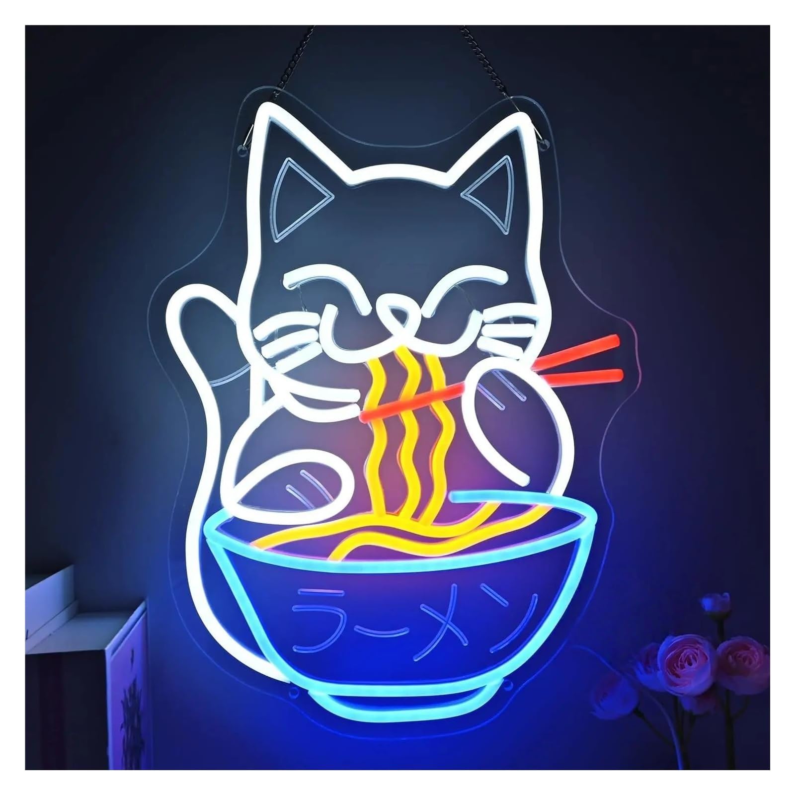 Rongch One Color Hanging Art Signs Cat Ramen Neon Sign Japanese Noodle Led Light Usb Dimmable For Resturant Home Bar Pub Kitchen Dinning Room Cafe Shop Decor 38Cmx28.5cm