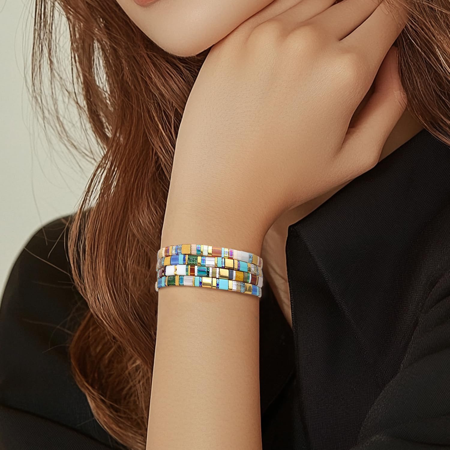 Sonateomber Tila Flat Beaded Stretch Bracelets for Women, Trendy Stackable Colorful Glass Square Beads Stack Bracelet Beach Jewelry Gift - Image 2