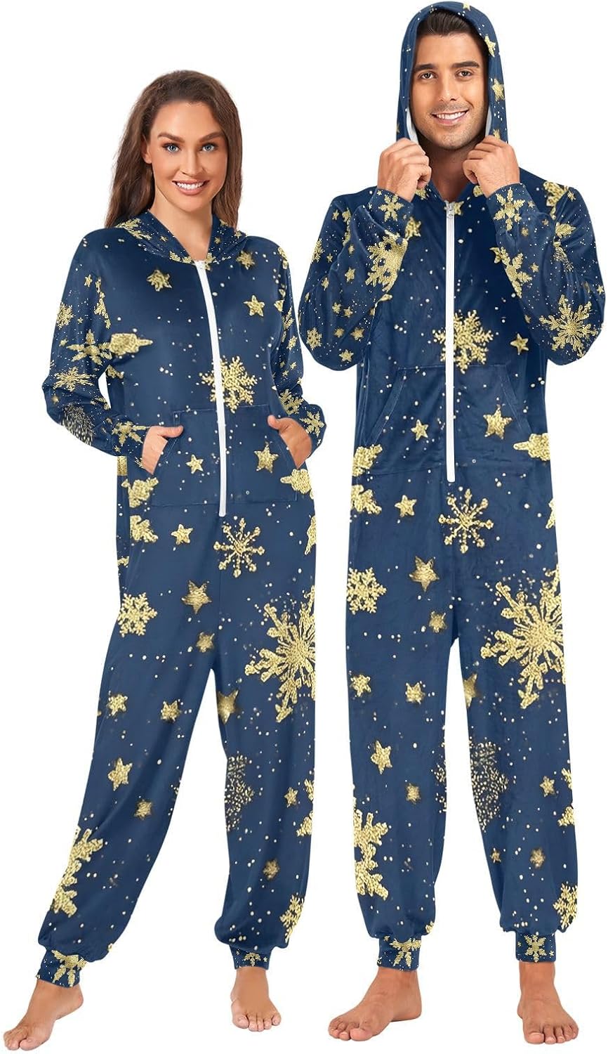 Gold Snowflakes Dark Blue D Adult Onesie Pajamas for Unisex Novelty One Piece Costume Sleepwear