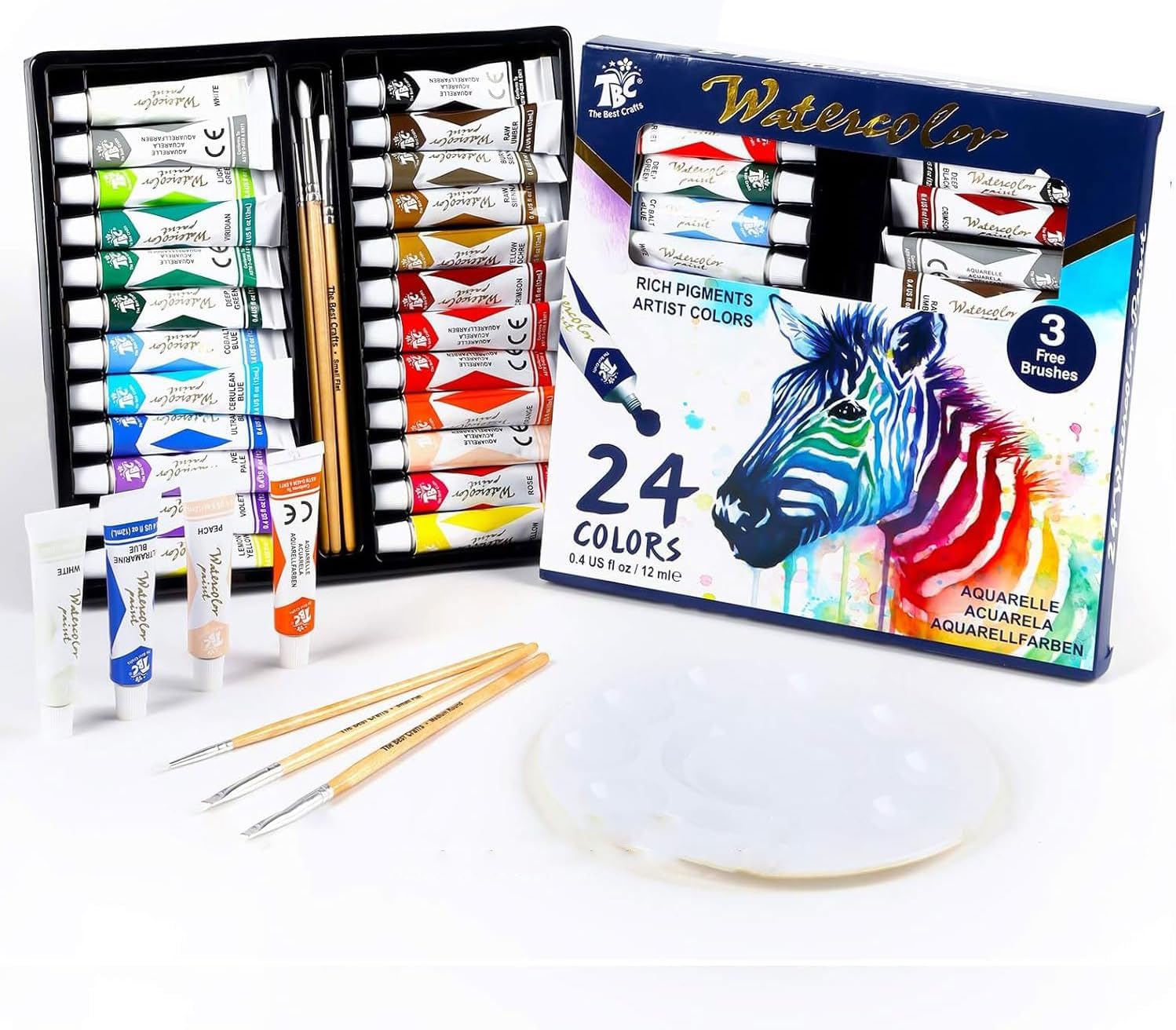 TBC Watercolour Paint Set, Professional Painting Supplies Set 24 x 12ml Water Colour Paints Tubes with 3 Paint Brush for Artists, Beginners, Students, Hobbyists, Adults