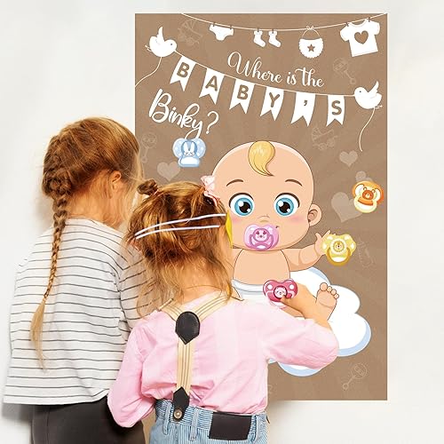 Miniatura 7 de Pin The Pacifier On The Baby Game Póster de juegos de chupetes con 64 calcomanías para chupetes para baby shower, regalos de fiesta, suministros de