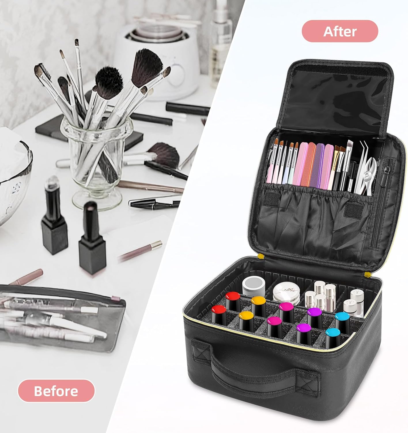 Nail Polish Storage Organizer,Portable Nail Polish Travel Storage Bag Hold Variety of Bottles,DIY Partition Design,with Manicure Tools Storage Sections（Bag Only-BLACK）