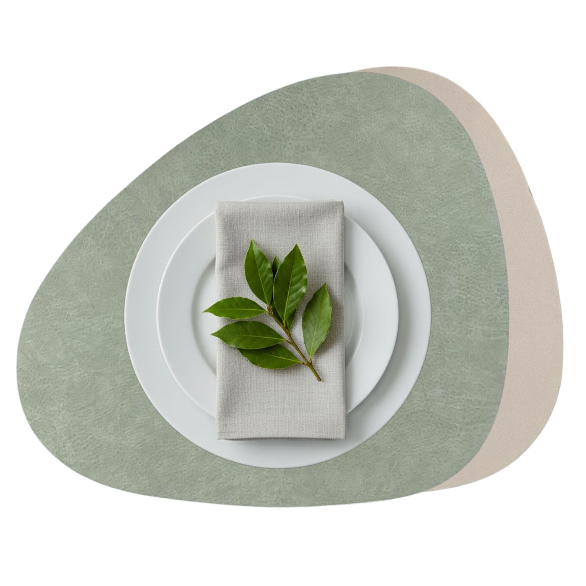 Platzset Kunstleder oval, Wendbares Tischset abwaschbar, Modernes Platzdeckchen, Tischunterlage Nierenform (Salbei/Beige, 6 Stück Platzsets)
