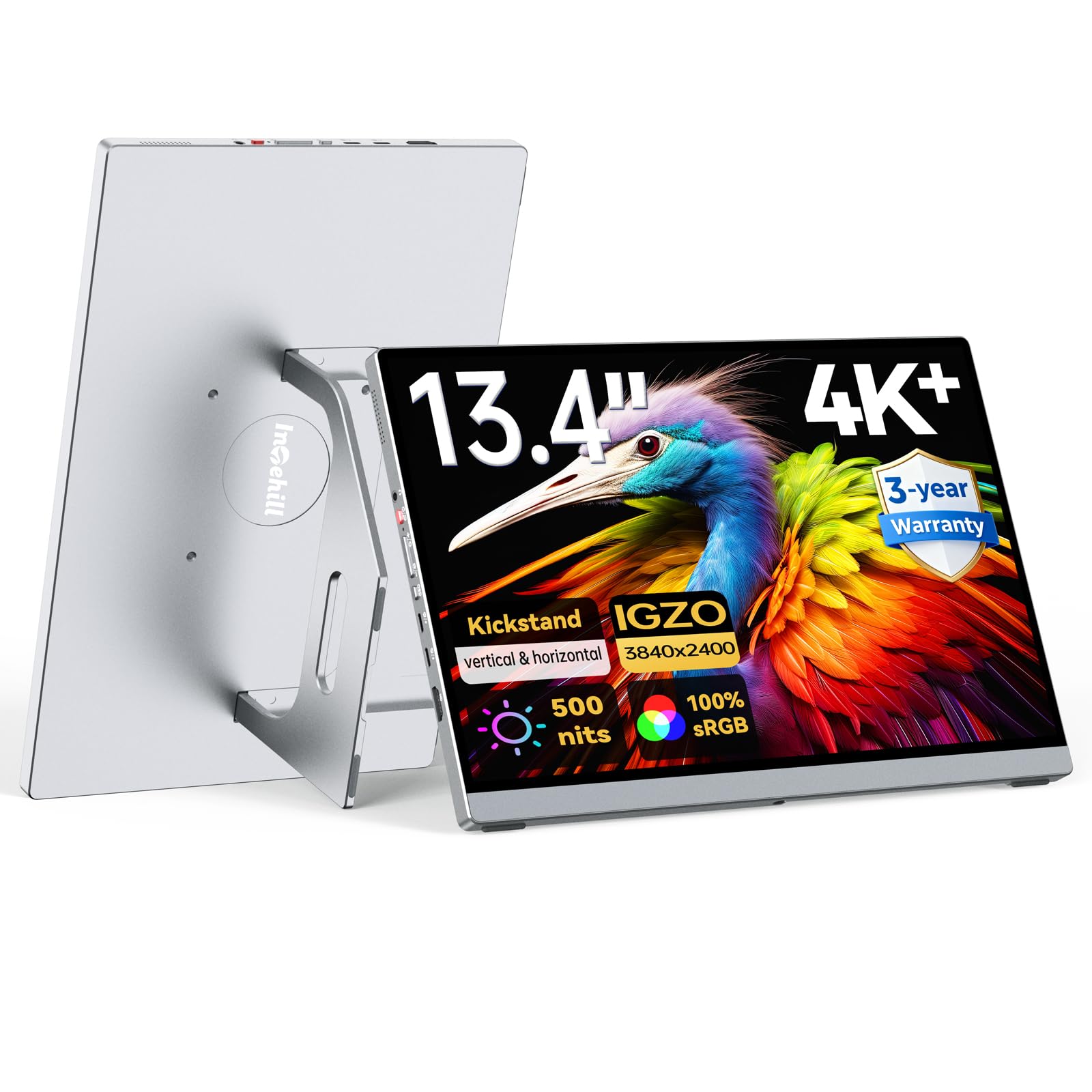 Photo 1 of Intehill 4K Portable Monitor for Laptop, 13.4" IGZO Display with Full-Laminated Tempered Glass 500 Nits, 100% sRGB Portable Laptop Screen with Kickstand & Speakers, USB-C & HDMI Travel Monitor, U13ZC