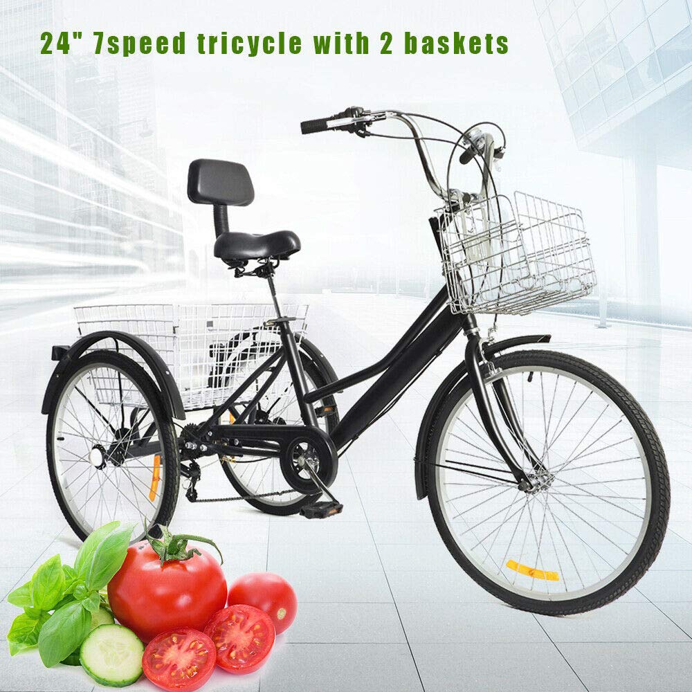 Dreirad für Erwachsene, 24 Zoll Erwachsene Dreirad 7 Gang Dreirädriges Cruiser-Fahrrad für Erholung Mit Vorderer Rahmen und Rückenlehne für Erholung, Einkaufen, Picknicks (Schwarz)