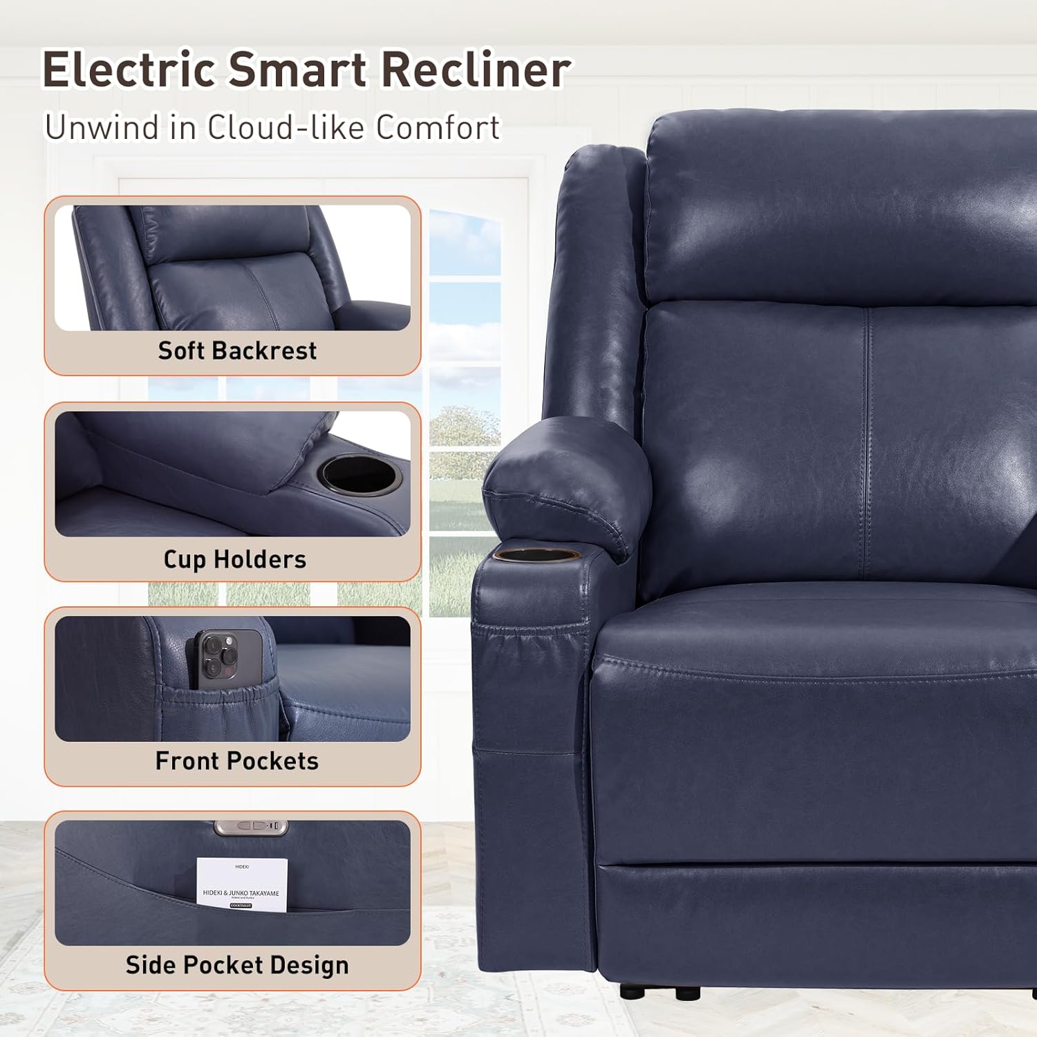 EONIX Wide Power Wall Hugger Recliner Chair for Small Space, Real Zero Clearance Power Recliner for RV, Living Room, Bedroom, 400lbs Heavy Duty, SXXY012992, Navy Blue