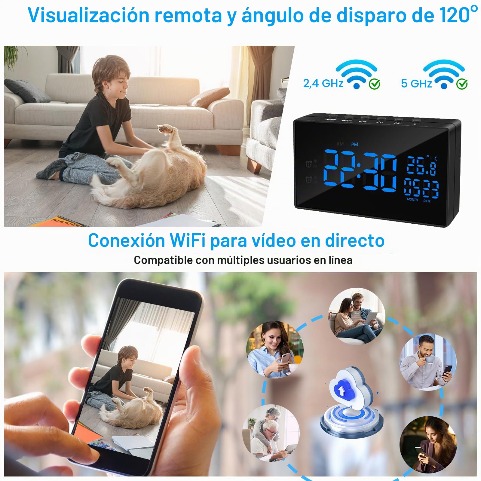 MiniCamara Oculta HD 1080P Spy Camara WiFi Despertador, 2.4/5Ghz WiFi Camara Espia Oculta Invisible Compatible con Visión Nocturna y Detección de Movimiento, App Vigilancia Remota