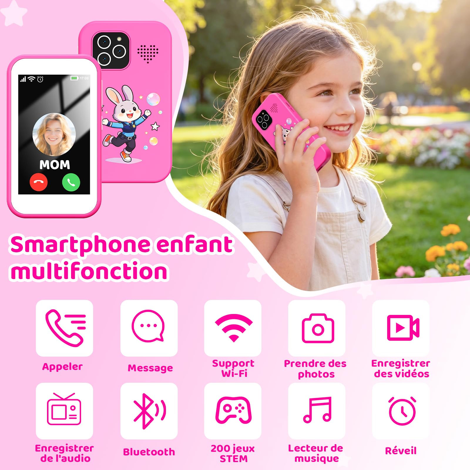 CHAKEYAKE Téléphone Enfant, Smartphone Enfant Mini sans Abonnement, Écran Tactile HD 3,5", Appareil Photo, Jeux Éducatifs, Batterie 1000 mAh, USB-C, Cadeau Noël & Anniversaire Enfants 3-12, Rose