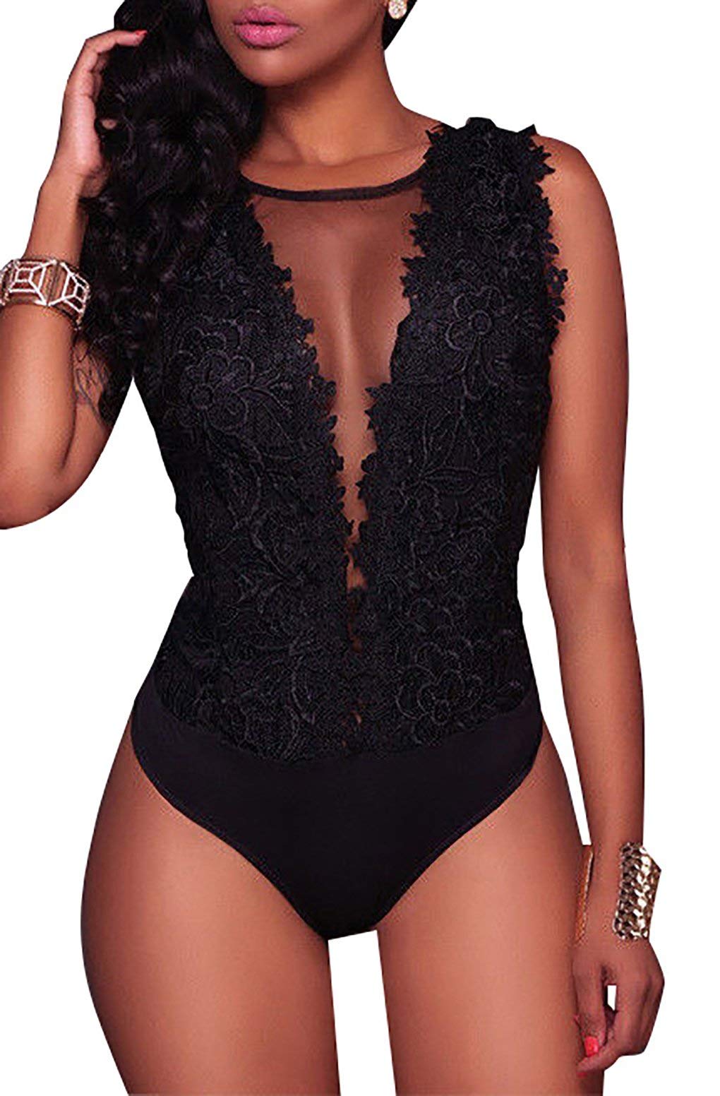 Loalirando Mono de Encaje para Mujer Body Sexy Tops Ropa Interior de Escote en V sin Respaldo Lenceria Transparente Bodysuit Atractivo de Tul Lingerie Elástico Diario Fiesta Playa