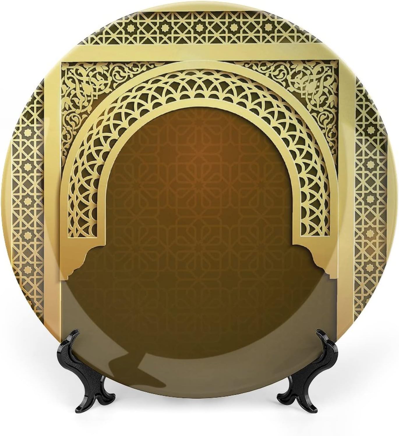 XISUNYA 10 Inch Decorative Plate, Moroccan Tableware Plate, Middle Eastern Ramadan Greeting Scroll Arch Figure Celebration Holy Eid Print Ceramic Wall Hanging for Home Office Party Dinner Table Decor