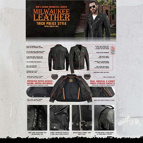 Milwaukee Leather Herren Lederjacke – Polizei-Stil Mit Hohen Seiten, Versteckter Waffentasche, Thermofutter & Verstellbarer Passform